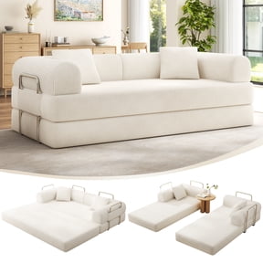 VKHCU 79" Convertible Sofa Bed, 5-in-1 Sleeper Sofa, Boneless Couch with Fixed-Shape Frame, Corduroy Folding Floor Sofa for Living Rooms,Bedroom, Apartment, No Assembly Required, White