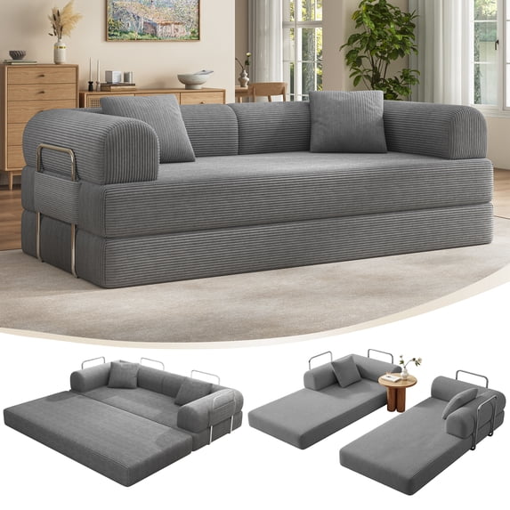 VKHCU 79" Convertible Sofa Bed, 5-in-1 Sleeper Sofa, Boneless Couch with Fixed-Shape Frame, Corduroy Folding Floor Sofa for Living Rooms,Bedroom, Apartment, No Assembly Required, Dark Gray