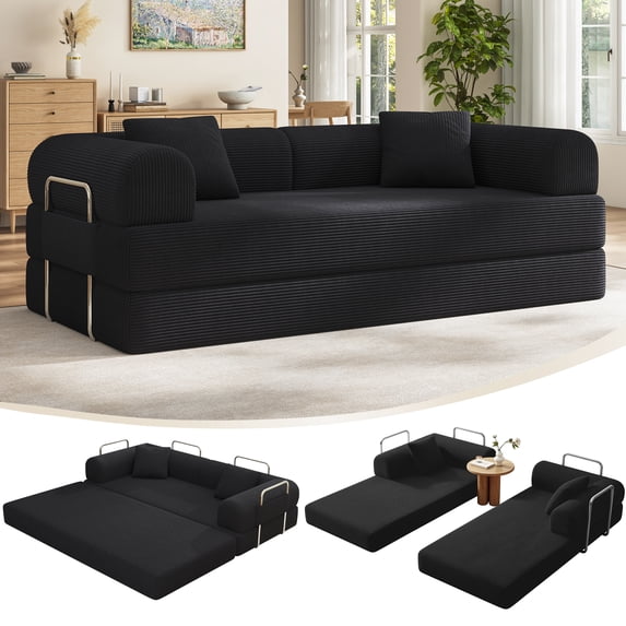 VKHCU 79" Convertible Sofa Bed, 5-in-1 Sleeper Sofa, Boneless Couch with Fixed-Shape Frame, Corduroy Folding Floor Sofa for Living Rooms,Bedroom, Apartment, No Assembly Required, Black
