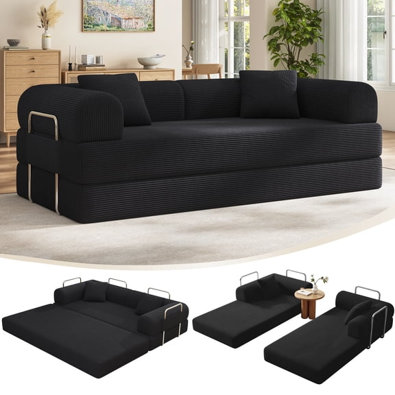 VKHCU 79" Convertible Sofa Bed, 5-in-1 Sleeper Sofa, Boneless Couch with Fixed-Shape Frame, Corduroy Folding Floor Sofa for Living Rooms,Bedroom, Apartment, No Assembly Required, Black