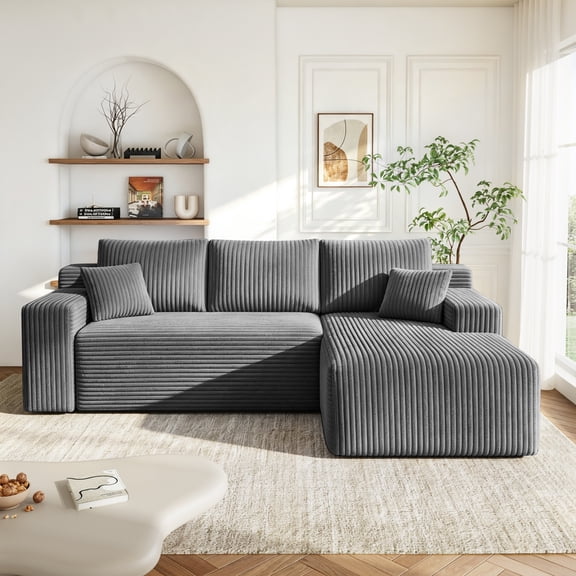 VKHCU 96" Modular Sectional Sofa for Living Room, Cloud Boneless Couches with Upholstered Deep Seat, L Shaped Couch with Chaise, Plush Corduroy Fabric, Gray, Right Facing Chaise, No Assembly