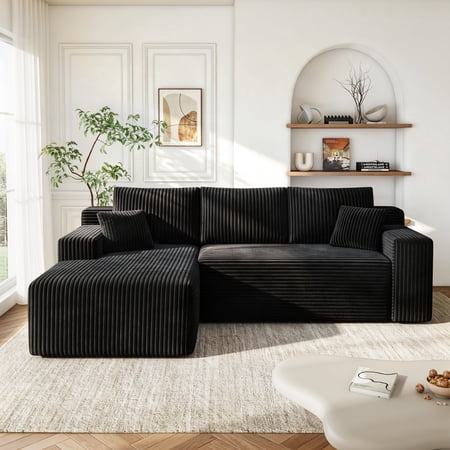 VKHCU 96" Modular Sectional Sofa for Living Room, Cloud Boneless Couches with Upholstered Deep Seat,Modern L Shaped Couch with Chaise, Plush Corduroy Fabric, Black, Left Facing Chaise, No Assembly