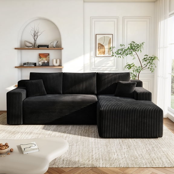 VKHCU 96" Modular Sectional Sofa for Living Room, Cloud Boneless Couches with Upholstered Deep Seat, Modern L Shaped Couch with Chaise, Plush Corduroy Fabric, Black, Right Facing Chaise, No Assembly