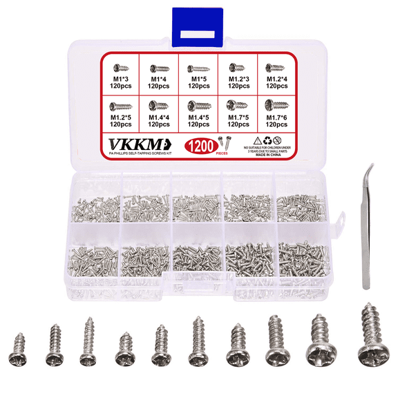 VKIM Stainless Steel Self-Tapping Screw Set 1200Pcs M1 M1.2 M1.4 M1.7 Phillips Flat Head Micro Screws Kit