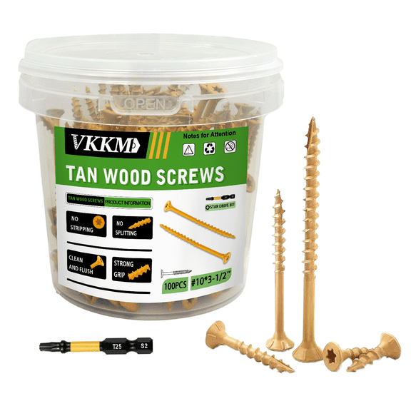 VKKM #10*3-1/2 Screws Perfect for Assembling a Swing Set or Building a Privacy Fence in Your Yard, Yellow Coated for Durability.