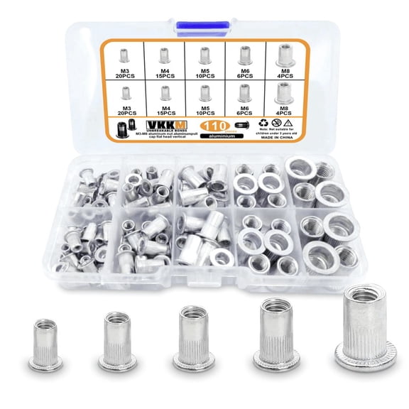 VKKM 110-Piece Aluminum Alloy Rivet Nut Set, M3-M8 Multi-Size Flat Head Vertical Knurled Rivet Nuts, Rust Corrosion Resistant, Ideal for Automotive, Furniture and DIY Repair Accessories