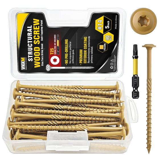 VKKM #14 Structural Wood Screws Kit, Multiple Sizes Star/Torx Drive Self-Tapping, No Pre-Drill Needed with T25 Bit, Rust Resistant Exterior Coating For Deck Fence Timber