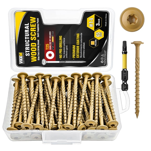 VKKM #14 Structural Wood Screws Kit, Multiple Sizes Star/Torx Drive Self-Tapping, No Pre-Drill Needed with T25 Bit, Rust Resistant Exterior Coating For Deck Fence Timber