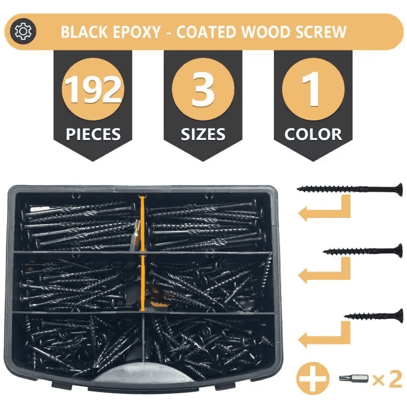 VKKM 192pcs Black Wood Screws Assortment Kit, T25 Star Drive Self-Tapping Screws for Wood & Fence, Heavy Duty Exterior Deck Screws with 2pcs T25 Bits, #8 x 1-1/2", 2", #10 x 3" Variety Pack