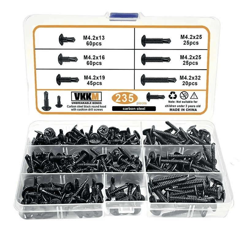 VKKM 235pcs Black Self-Drilling Screws Assortment Kit, Carbon Steel Round Head Modified Truss Screw Set, 6 Metric Sizes M4.2x13mm to M4.2x32mm