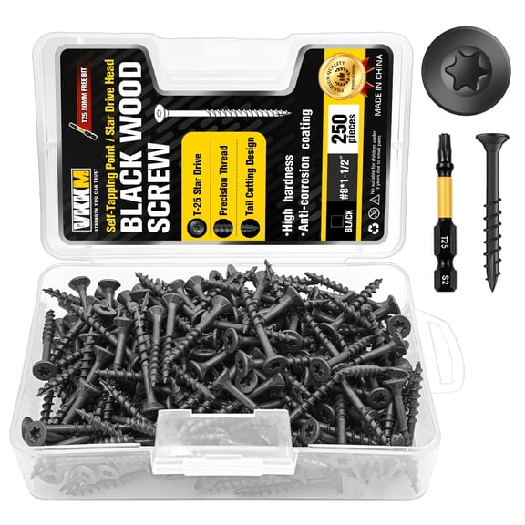 VKKM 250Pcs Black Wood Screws #81-1/2" with T25 Bit, Flat Head Star Drive Self-Tapping Deck Screws