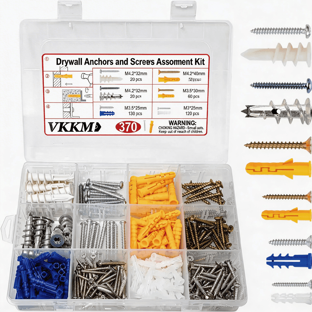 VKKM 370pcs Drywall Anchors and Screws assortment, Heavy Duty plastic Expansion variety pack, Mixed size for Hollow Wall