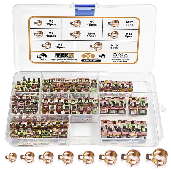 VKKM Spring Hose Clamp Set, 90 Pieces 7 Sizes M6-M16 Galvanized Hose Clips, Sturdy and Durable, Perfect for Water Pipes, Fuel Lines, Air Hoses and DIY Repair Projects