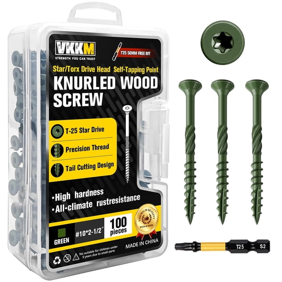 VKKM #10*2-1/2" 100pcs Star/Torx Drive Wood Screws, Self-Drilling Deck Screws with Bit, Rust Proof