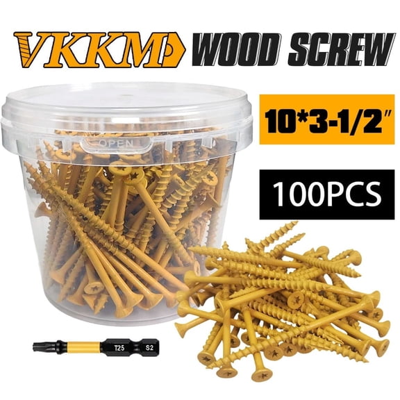 VKKMD #10 X 3-1/2' Deck Wood Screws, 100PCS Yellow Exterior Screws With T25 Torx Bit, Carbon Steel Self-Tapping Countersunk Screws For Decking, Fencing & Outdoor Woodworking Projects