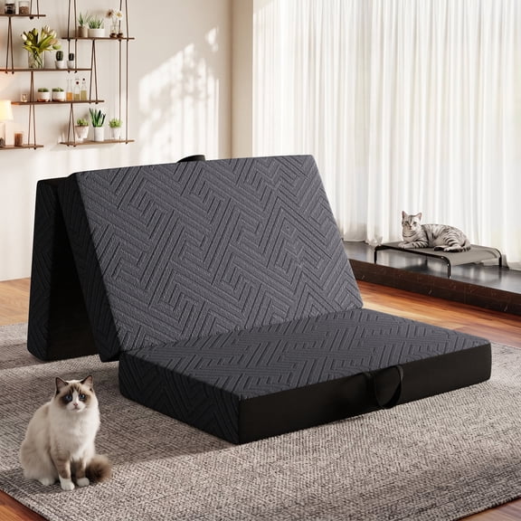 VKLIVING 6 inch Tri Folding Memory Foam Floor Mattress Topper with Washable Cover, Portable Foldable Floor Bedfor Guest Bed, Camping, Home, RV