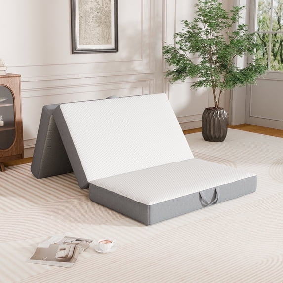 VKLIVING Tri-Fold Memory Foam Mattress,4 Inch Portable Floor Mattress with Washable Cover, Non-Slip Bottom & Breathable Mesh Sides for Guest Bed, Camping, Home, RV