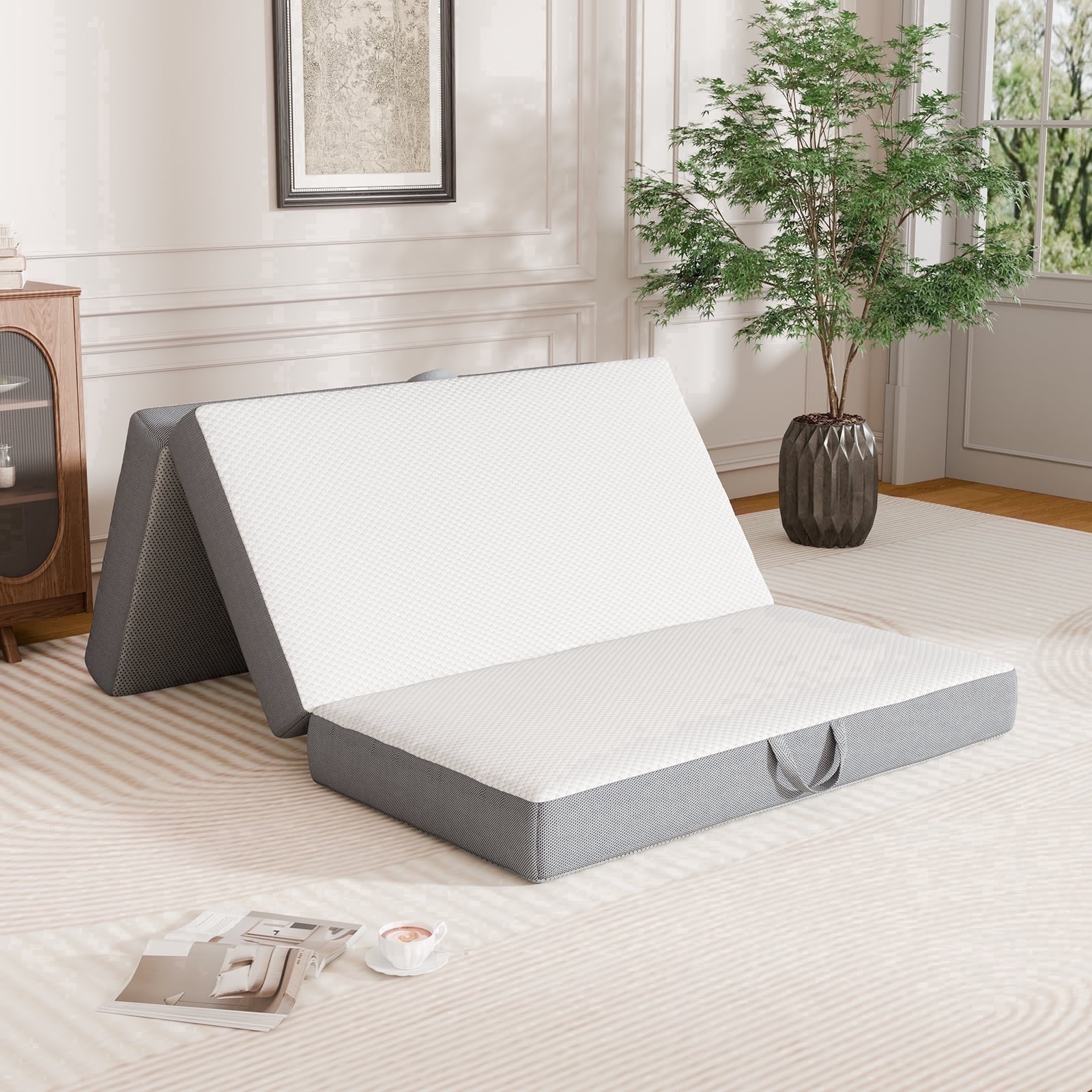VKLIVING Tri-Fold Memory Foam Mattress,6 Inch Portable Floor Mattress with Washable Cover, Non-Slip Bottom & Breathable Mesh Sides for Guest Bed, Camping, Home, RV