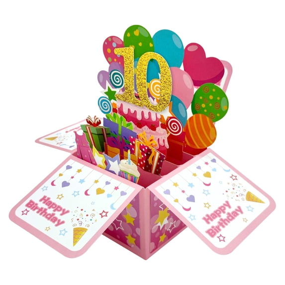 VKLU 10st Birthday 3D Pop Up Box Card, First Year Milestone Explosion Box Greeting Card with Envelope and Ribbon, Unique Keepsake Gift, Vibrant 3D Cake Scene