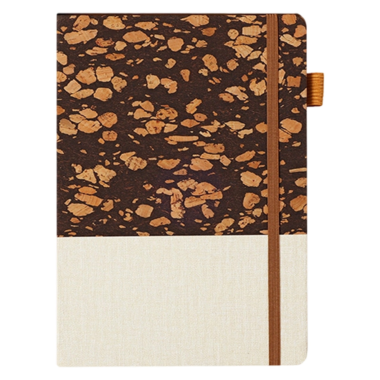 VKLU 1Pc Coffee 8.5" x 5.7" Cork and Faux Leather Patchwork Journal, Professional Hardcover Notebook with Elastic Band