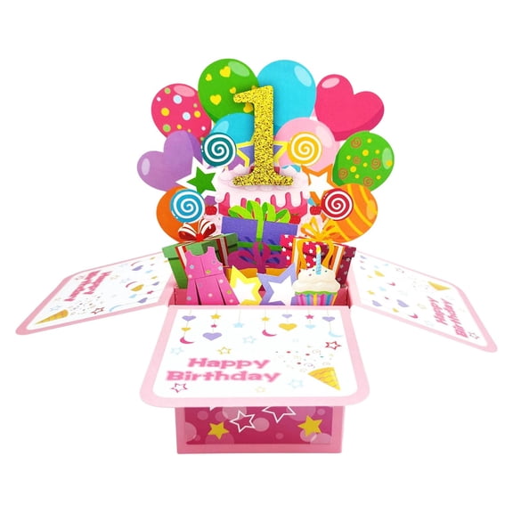 VKLU 1st Birthday 3D Pop Up Box Card, First Year Milestone Explosion Box Greeting Card with Envelope and Ribbon, Unique Keepsake Gift, Vibrant 3D Cake Scene