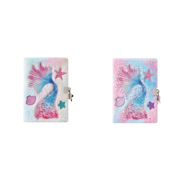 VKLU 2 Pack Plush Lock Journals, Aesthetic Mermaid & Tie Dye Fuzzy Notebook Set, Private Secret Diaries with Keys for Gifting and Personal Use