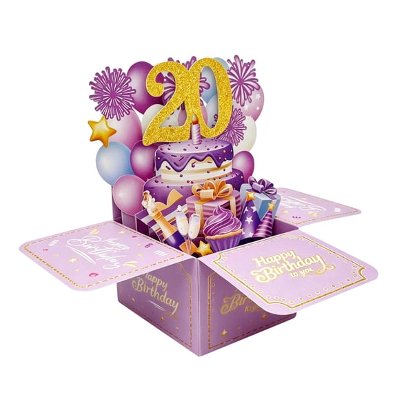 VKLU 20th Birthday Pop Up Card Box, Purple & Gold Glitter 3D Greeting Card for Her, Milestone 20 Years Old Birthday Keepsake Card