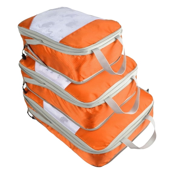 VKLU 3 Set Compression Packing Cubes, Luggage Organizers, 600D Ripstop Nylon Travel Bags for Family Vacations, Orange