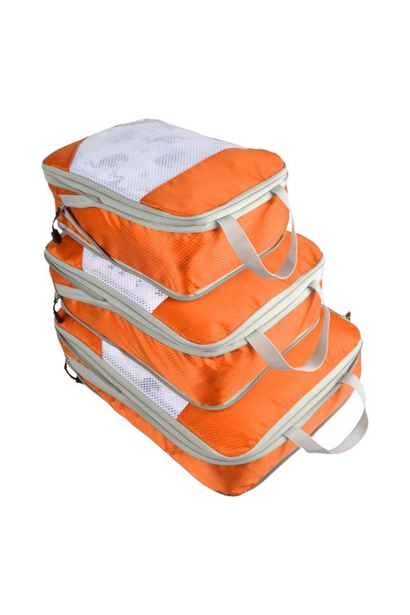 3 Set Compression Packing Cubes, Luggage Organizers, 600D Ripstop Nylon Travel Bags for Family Vacations, Orange