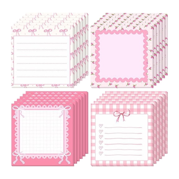 VKLU 4 Pcs Aesthetic Bow Sticky Notes, Gingham Pattern Memo Pads with Grid & Checklist, Self-Stick To-Do Lists, Pink
