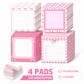 VKLU 4 Pcs Aesthetic Bow Sticky Notes, Gingham Pattern Memo Pads with Grid & Checklist, Self-Stick To-Do Lists, Pink