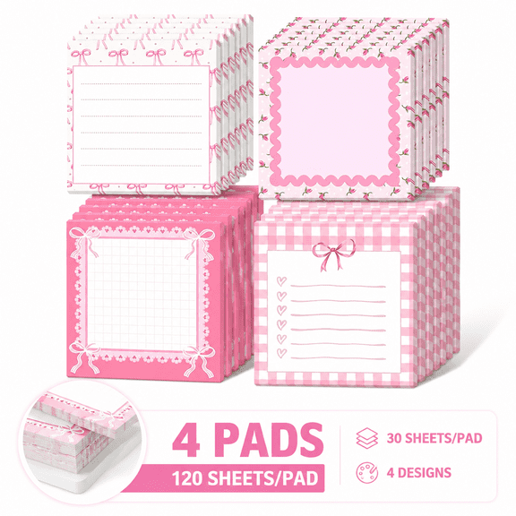 VKLU 4 Pcs Aesthetic Bow Sticky Notes, Gingham Pattern Memo Pads with Grid & Checklist, Self-Stick To-Do Lists, Pink