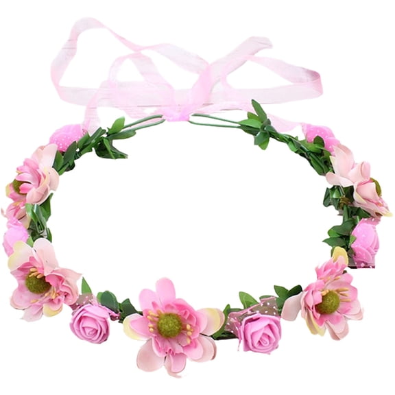 VKLU 8.66" Pink Floral Headband Flower Crown, Lightweight Boho Wreath for Island Vacations, Comfortable Hair Accessory for Junior Bridesmaids & Youth