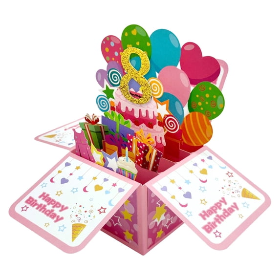 VKLU 8st Birthday 3D Pop Up Box Card, First Year Milestone Explosion Box Greeting Card with Envelope and Ribbon, Unique Keepsake Gift, Vibrant 3D Cake Scene