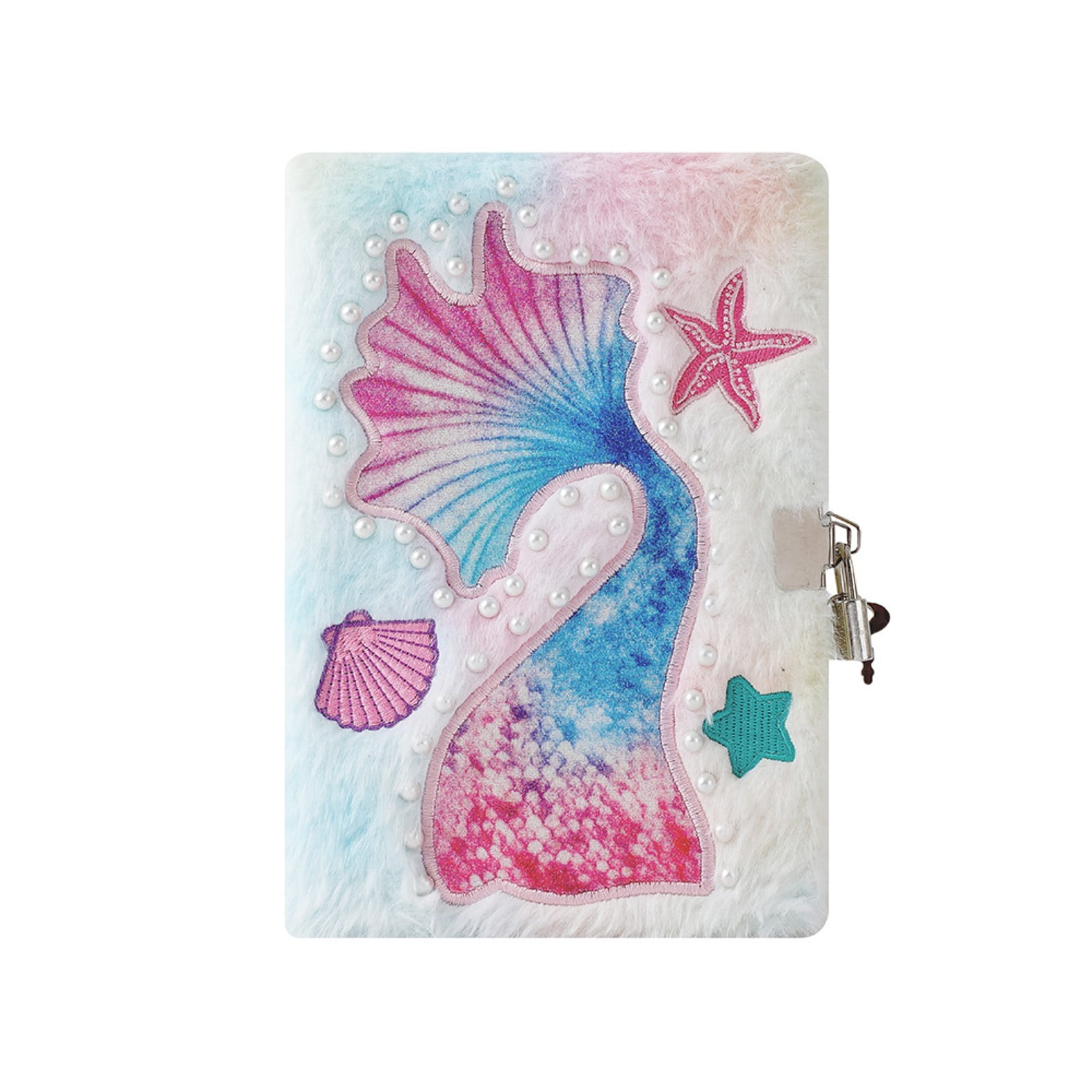 VKLU Aesthetic Plush Journal with Lock and Key, Mermaid Tail Embroidery Fuzzy Notebook, Tie Dye Furry Secret Diary for Personal Thoughts and Travel, A5 Size, Rainbow Tie Dye