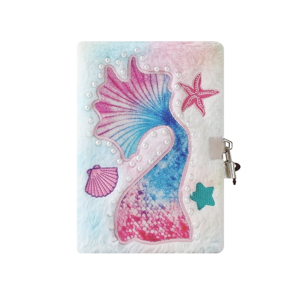 VKLU Aesthetic Plush Journal with Lock and Key, Mermaid Tail Embroidery Fuzzy Notebook, Tie Dye Furry Secret Diary for Personal Thoughts and Travel, A5 Size, Rainbow Tie Dye