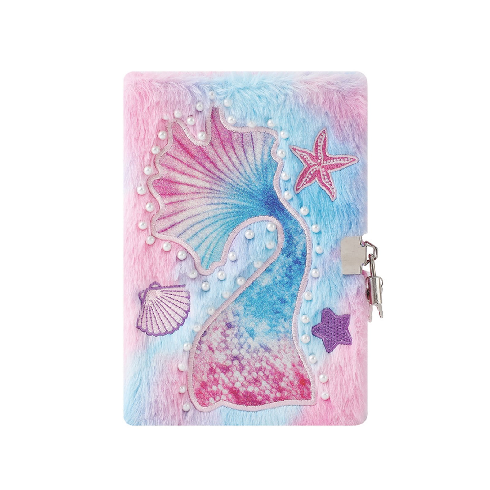 VKLU Plush Lock Diary, Mermaid Theme Fuzzy Notebook with Keys, Aesthetic Tie Dye Sequin Journal for Creative Writing and Daily Log, Soft Furry Stationery, Purple Tie Dye