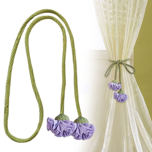 VKLU Purple 2PC Flower Curtain Tiebacks, 43" Handmade Woven Rope Drapes Holdbacks, No Drill Floral Fasteners