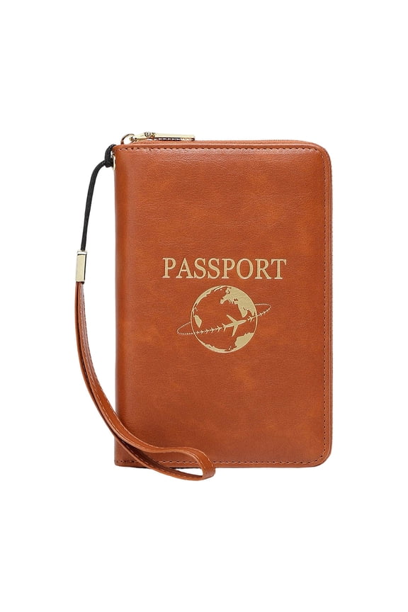 RFID Blocking Passport Holder, Light Brown Slim Leather Travel Wallet with Zipper Closure and Wristlet Strap, Multifunctional Document Organizer for Phone, Cards and Boarding Pass