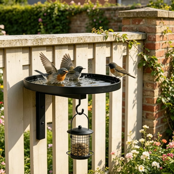 VKLU Wall Mounted Bird Bath Outdoor, 7.9" Vintage Metal Fence Mount Birdbath Bowl with Hanging Hook for Garden Yard Patio Decor, Matte Black