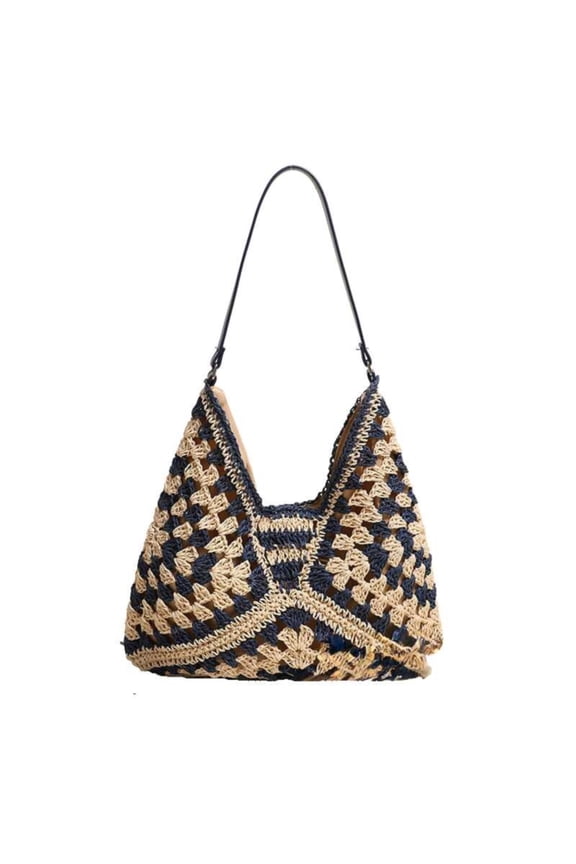 Woven Tote Bag for Women, Crochet Hobo Shoulder Bag V-Pattern Granny Square Design, Summer Beach Travel Shopping Purse, Lightweight Foldable Straw-Like Handbag, Blue
