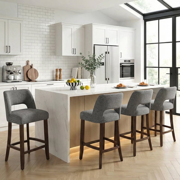VKNOW 26 "Upholstered Counter Height Bar Stools Set of 4, Wood Legs with Footrest, Cutout Back for Kitchen Island, Dining Room, Home Bar,Charcoal