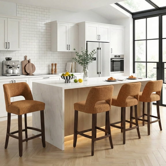 VKNOW 26 "Upholstered Counter Height Bar Stools Set of 4, Wood Legs with Footrest, Cutout Back for Kitchen Island, Dining Room, Home Bar,Orange