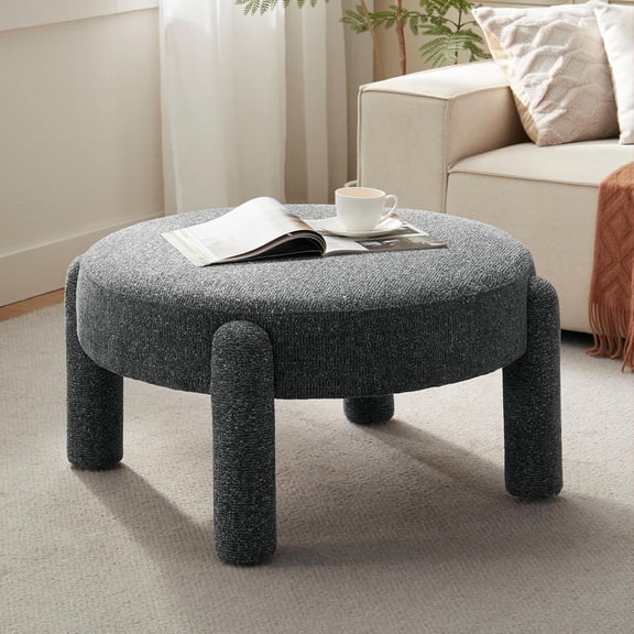 VKNOW 32.3" Modern Coffee Tbale, Round Upholstered Ottomans with Chenille Fabic,Oversized Foot Stool for Living Room Bedroom Entryway, Black