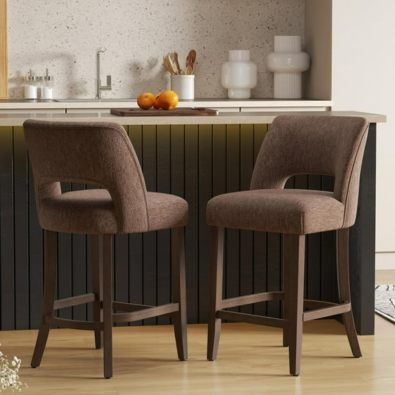 VKNOW Bar Stools Set of 2,Upholstered Counter Height Bar Stools,Modern Counter Stools with Wood Legs for Kitchen Island Dining Room Bar,Brown