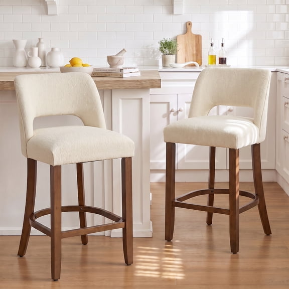 Usaint Chenille Bar Stools Set of 2, 26.6" Modern Counter Height Barstools, Farmhouse Wooden Kitchen Island Chairs with Hollow-Out Back for Restaurant Kitchen Bar, Beige