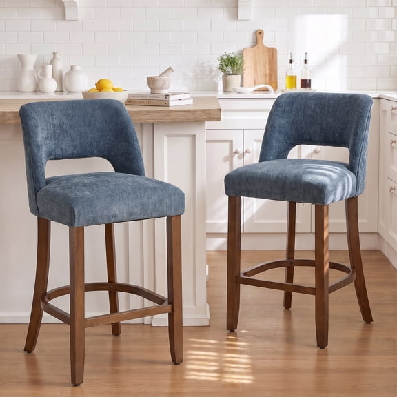 Usaint Chenille Bar Stools Set of 2, 26.6" Modern Counter Height Barstools, Farmhouse Wooden Kitchen Island Chairs with Hollow-Out Back for Restaurant Kitchen Bar, Blue