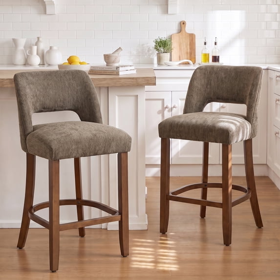 Usaint Chenille Bar Stools Set of 2, 26.6" Modern Counter Height Barstools, Farmhouse Wooden Kitchen Island Chairs with Hollow-Out Back for Restaurant Kitchen Bar, Brown