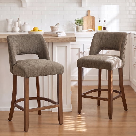 Usaint Chenille Bar Stools Set of 2, 26.6" Modern Counter Height Barstools, Farmhouse Wooden Kitchen Island Chairs with Hollow-Out Back for Restaurant Kitchen Bar, Brown