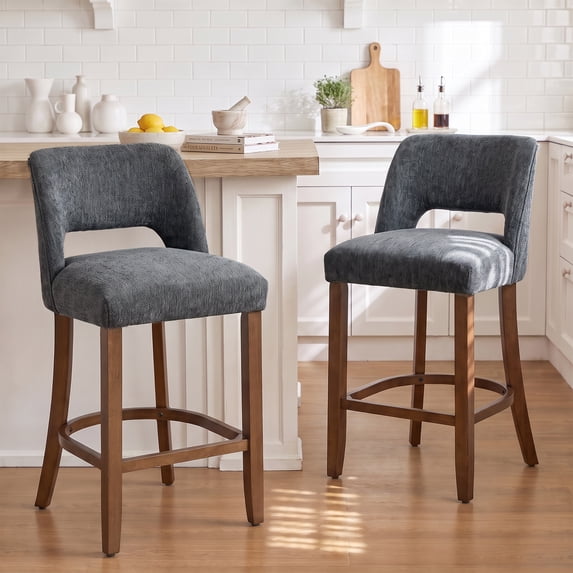 Usaint Chenille Bar Stools Set of 2, 26.6" Modern Counter Height Barstools, Farmhouse Wooden Kitchen Island Chairs with Hollow-Out Back for Restaurant Kitchen Bar, Charcoal